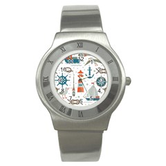 Nautical Elements Pattern Background Stainless Steel Watch by Salman4z