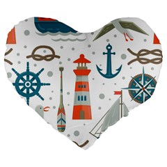 Nautical Elements Pattern Background Large 19  Premium Flano Heart Shape Cushions by Salman4z