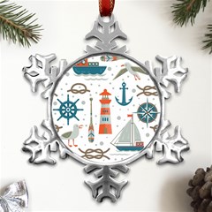 Nautical Elements Pattern Background Metal Small Snowflake Ornament by Salman4z