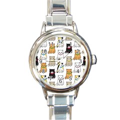 Cat Kitten Seamless Pattern Round Italian Charm Watch by Salman4z