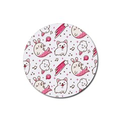 Cute Animal Seamless Pattern Kawaii Doodle Style Rubber Round Coaster (4 Pack) by Salman4z