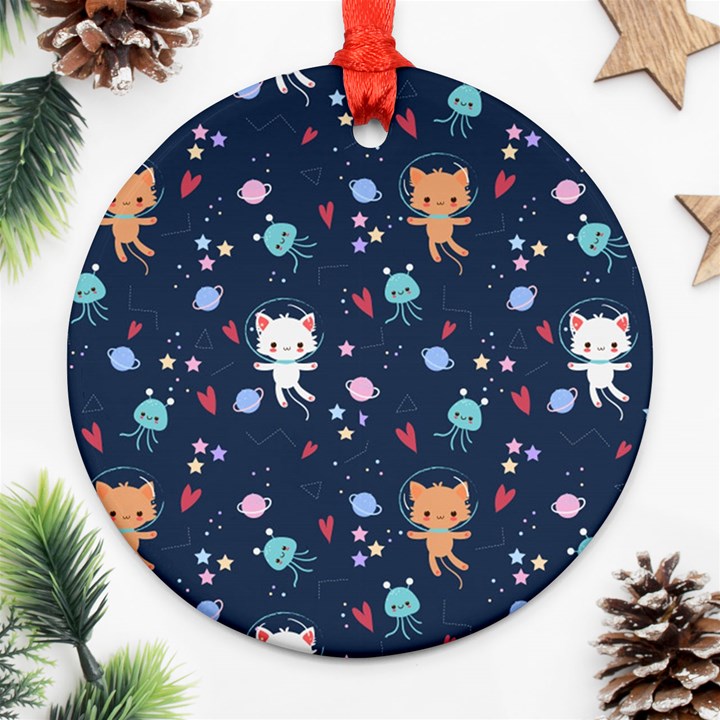 Cute-astronaut-cat-with-star-galaxy-elements-seamless-pattern Ornament (Round)