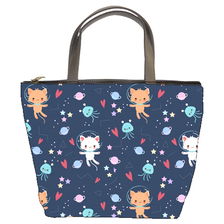 Cute-astronaut-cat-with-star-galaxy-elements-seamless-pattern Bucket Bag