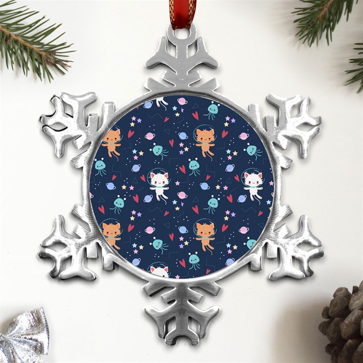 Cute-astronaut-cat-with-star-galaxy-elements-seamless-pattern Metal Small Snowflake Ornament