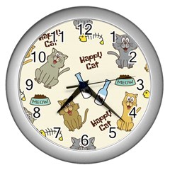 Happy-cats-pattern-background Wall Clock (silver) by Salman4z