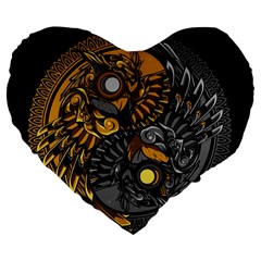 Yin-yang-owl-doodle-ornament-illustration Large 19  Premium Flano Heart Shape Cushions by Salman4z