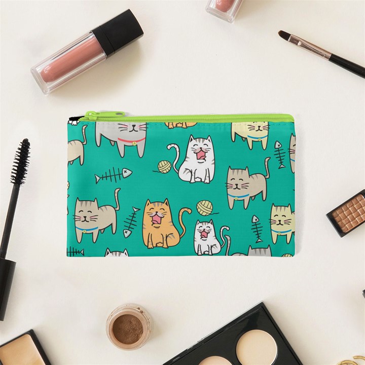 Seamless-pattern-cute-cat-cartoon-with-hand-drawn-style Cosmetic Bag (XS)