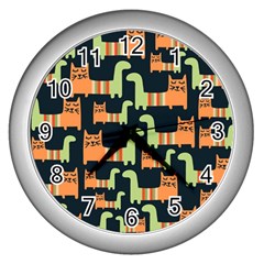 Seamless-pattern-with-cats Wall Clock (silver) by Salman4z