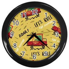 Childish-seamless-pattern-with-dino-driver Wall Clock (black) by Salman4z