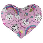 Beautiful-cute-animals-pattern-pink Large 19  Premium Flano Heart Shape Cushions Back