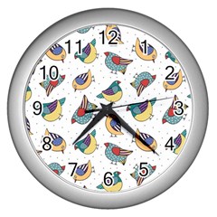 Seamless-pattern-with-hand-drawn-bird-black Wall Clock (silver) by Salman4z