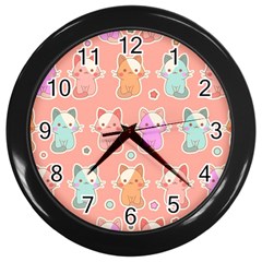 Cute-kawaii-kittens-seamless-pattern Wall Clock (black) by Salman4z