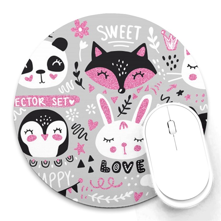 Big-set-with-cute-cartoon-animals-bear-panda-bunny-penguin-cat-fox Round Mousepad