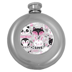 Big-set-with-cute-cartoon-animals-bear-panda-bunny-penguin-cat-fox Round Hip Flask (5 Oz) by Salman4z