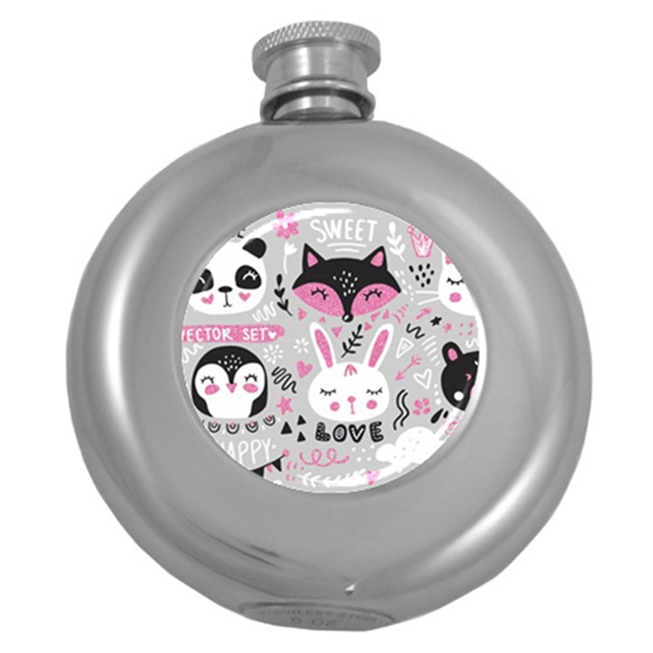 Big-set-with-cute-cartoon-animals-bear-panda-bunny-penguin-cat-fox Round Hip Flask (5 oz)