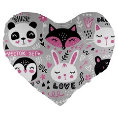 Big-set-with-cute-cartoon-animals-bear-panda-bunny-penguin-cat-fox Large 19  Premium Heart Shape Cushions by Salman4z