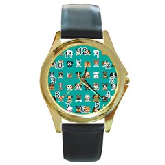 Different-type-vector-cartoon-dog-faces Round Gold Metal Watch by Salman4z