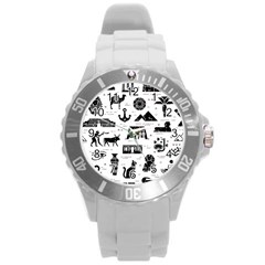 Dark-seamless-pattern-symbols-landmarks-signs-egypt --- Round Plastic Sport Watch (l) by Salman4z