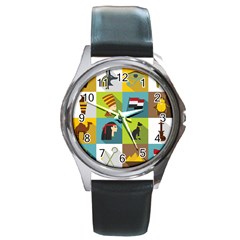 Egypt-travel-items-icons-set-flat-style Round Metal Watch