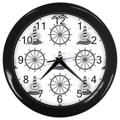 Marine Nautical Seamless Pattern With Vintage Lighthouse Wheel Wall Clock (black) by Salman4z