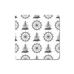 Marine Nautical Seamless Pattern With Vintage Lighthouse Wheel Square Magnet by Salman4z