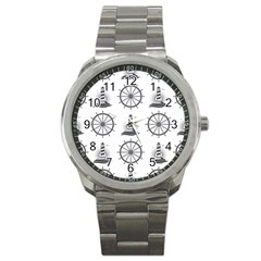 Marine Nautical Seamless Pattern With Vintage Lighthouse Wheel Sport Metal Watch by Salman4z