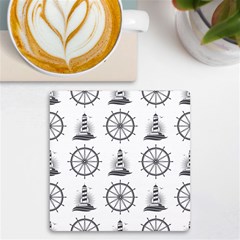 Marine Nautical Seamless Pattern With Vintage Lighthouse Wheel Uv Print Square Tile Coaster  by Salman4z