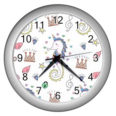 Seamless-pattern-cute-unicorn-cartoon-hand-drawn Wall Clock (silver) by Salman4z