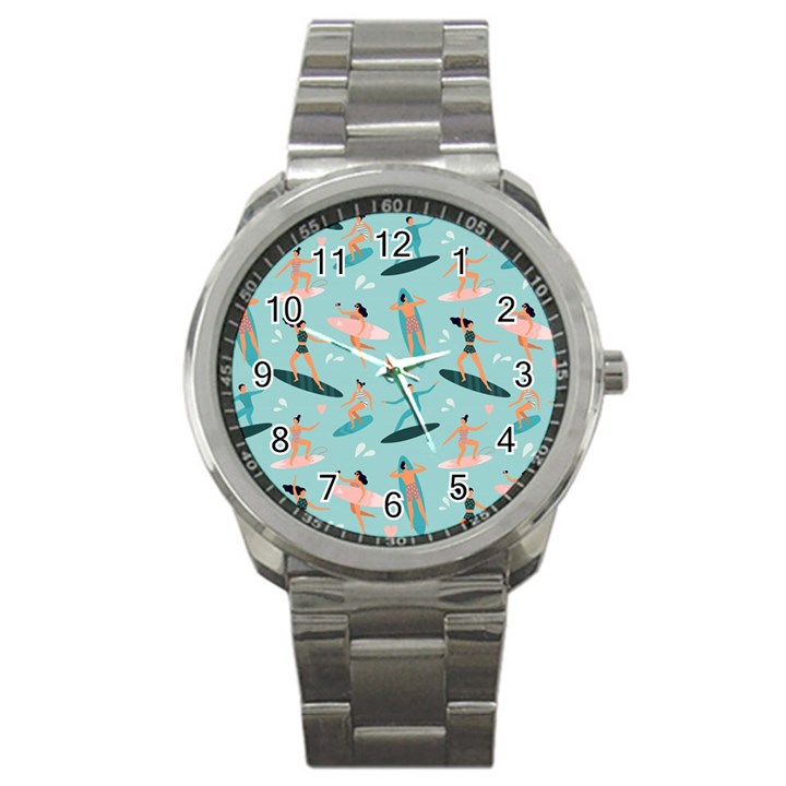 Beach-surfing-surfers-with-surfboards-surfer-rides-wave-summer-outdoors-surfboards-seamless-pattern- Sport Metal Watch