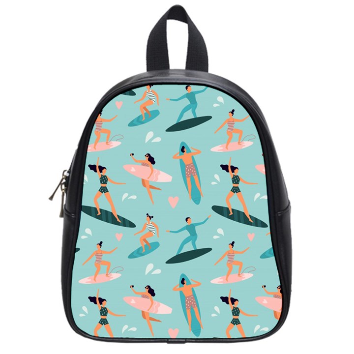 Beach-surfing-surfers-with-surfboards-surfer-rides-wave-summer-outdoors-surfboards-seamless-pattern- School Bag (Small)