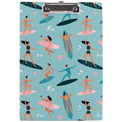 Beach-surfing-surfers-with-surfboards-surfer-rides-wave-summer-outdoors-surfboards-seamless-pattern- A4 Acrylic Clipboard by Salman4z