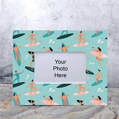 Beach-surfing-surfers-with-surfboards-surfer-rides-wave-summer-outdoors-surfboards-seamless-pattern- White Tabletop Photo Frame 4 x6  by Salman4z