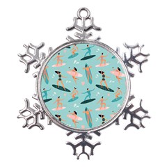 Beach-surfing-surfers-with-surfboards-surfer-rides-wave-summer-outdoors-surfboards-seamless-pattern- Metal Large Snowflake Ornament by Salman4z