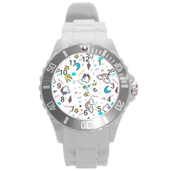 Unicorns-rainbows-seamless-pattern Round Plastic Sport Watch (l) by Salman4z