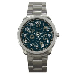 Dark-seamless-pattern-symbols-landmarks-signs-egypt -- Sport Metal Watch by Salman4z