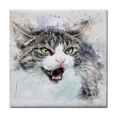 Cat Pet Art Abstract Watercolor Tile Coaster by Jancukart