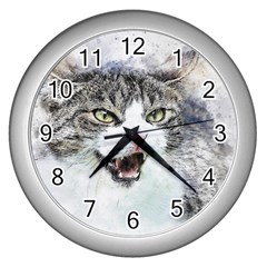 Cat Pet Art Abstract Watercolor Wall Clock (silver)