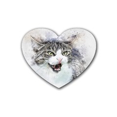 Cat Pet Art Abstract Watercolor Rubber Heart Coaster (4 Pack)