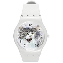 Cat Pet Art Abstract Watercolor Round Plastic Sport Watch (m)