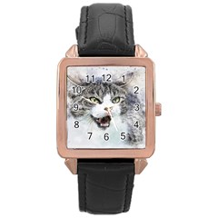 Cat Pet Art Abstract Watercolor Rose Gold Leather Watch 