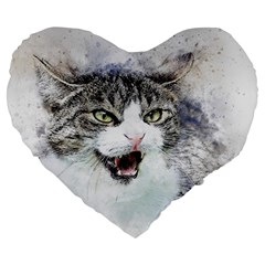 Cat Pet Art Abstract Watercolor Large 19  Premium Flano Heart Shape Cushions