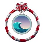 Tsunami Tidal Waves Wave Minimalist Ocean Sea Metal Red Ribbon Round Ornament Front