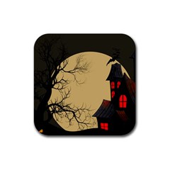 Halloween Moon Haunted House Full Moon Dead Tree Rubber Coaster (square) by Ravend