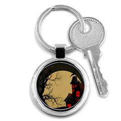 Halloween Moon Haunted House Full Moon Dead Tree Key Chain (round) by Ravend