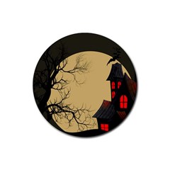 Halloween Moon Haunted House Full Moon Dead Tree Rubber Coaster (round) by Ravend