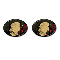 Halloween Moon Haunted House Full Moon Dead Tree Cufflinks (oval) by Ravend