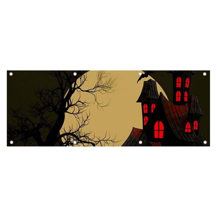 Halloween Moon Haunted House Full Moon Dead Tree Banner and Sign 8  x 3 