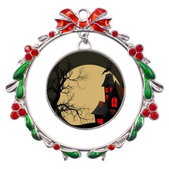 Halloween Moon Haunted House Full Moon Dead Tree Metal X mas Wreath Ribbon Ornament by Ravend