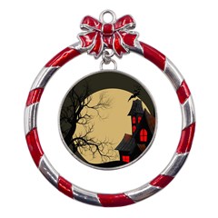 Halloween Moon Haunted House Full Moon Dead Tree Metal Red Ribbon Round Ornament