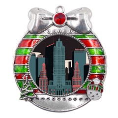 New York City Nyc Skyline Cityscape Metal X mas Ribbon With Red Crystal Round Ornament by Ravend